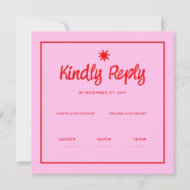 Wavy Pink Red Handwriting Retro Wedding Rsvp Einladung (Vorderseite)
