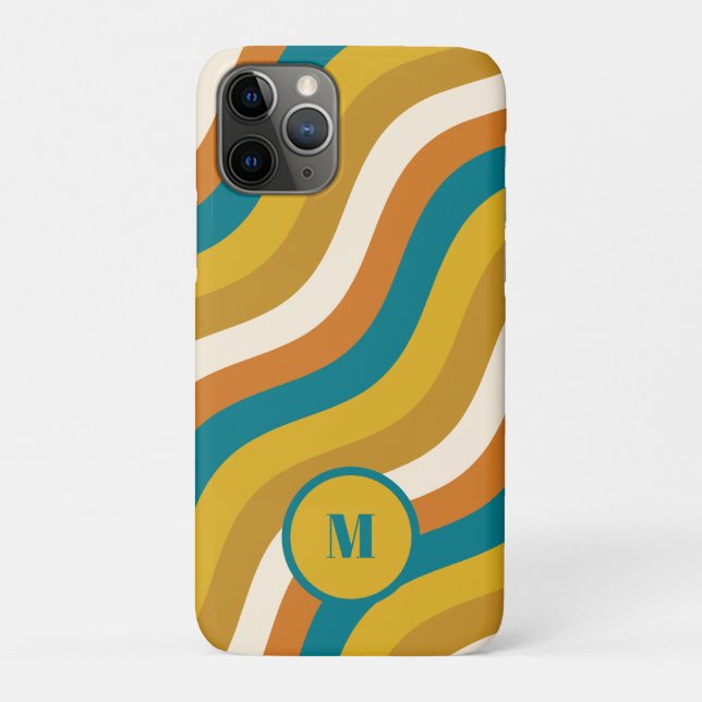 Wavy Pop-Streifen Retro-Muster Teal Ocker Initiale Case-Mate iPhone Hülle (Rückseite)