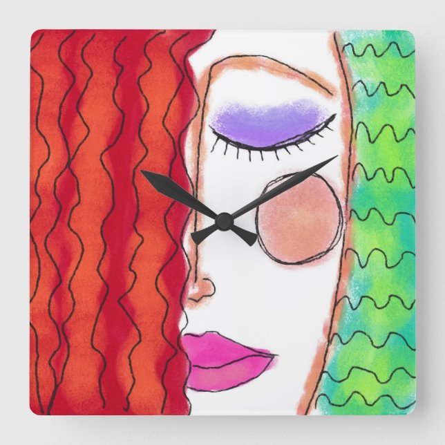 Wavy Red Hair Abstract Art Square Wall Clock Quadratische Wanduhr (Vorderseite)