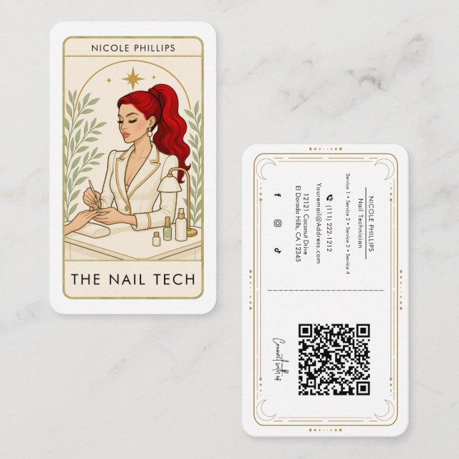 Wavy Red Hair Nail Tech Tarot Social Media QR Visitenkarte (Vorne/Hinten)