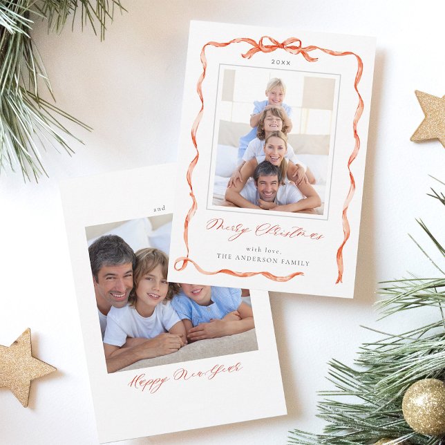 Wavy Red Ribbon Bow Frame 2 Foto Weihnachten (Front & Back)