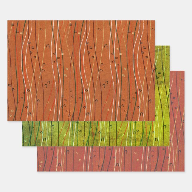 Wavy Red Strips: Moderne japanische Abstrakte Kuns Geschenkpapier Set (Set)