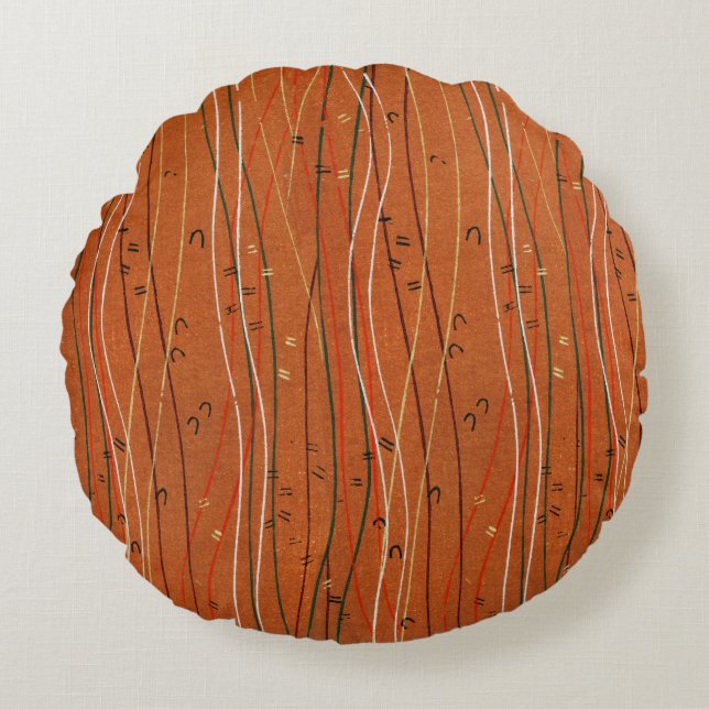 Wavy Red Strips: Moderne japanische Abstrakte Kuns Rundes Kissen (Vorderseite)