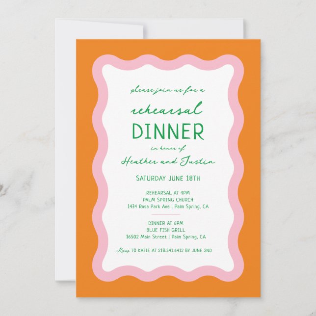 Wavy Retro farbenfroher 70er Hochzeit Probe Dinner Einladung (Vorderseite)