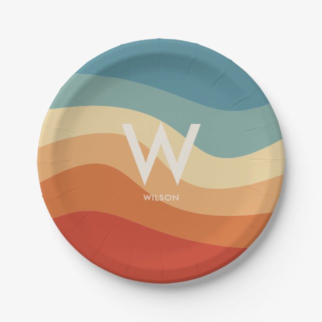 Wavy Retro Strip Monogram Persönliches Party Pappteller (Vorderseite)