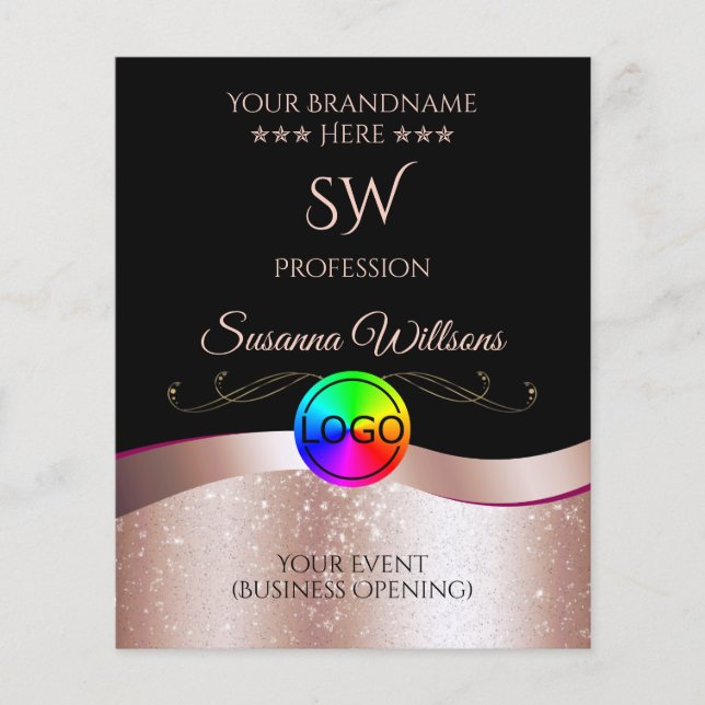 Wavy Rose Gold Decoder Schwarzes Logo und Monogram Flyer (Vorne)