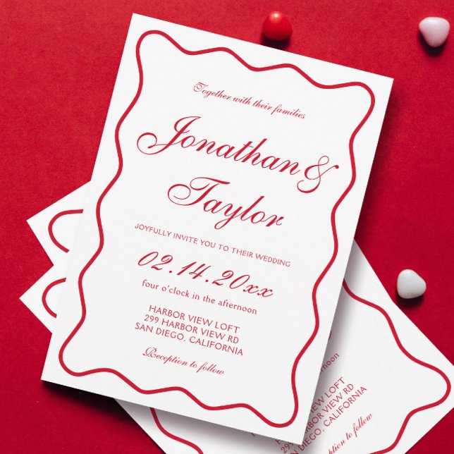 Wavy Script Red und White Valentine Wedding Einladung (Von Creator hochgeladen)