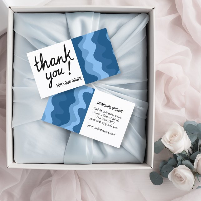 Wavy Stripes Vielen Dank für Ihre Bestellung Shopp Visitenkarte (Blue stripes thank you note business cards with hand lettering)
