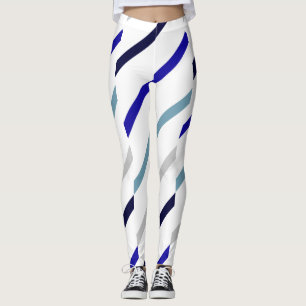 Wavy Striping White Royal Blue Navy & Gray-Blue Leggings