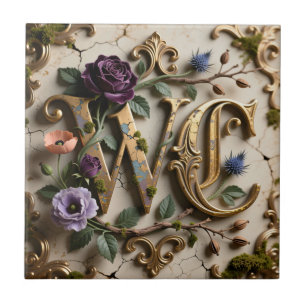 WC-Monogramm Antikes Florales Goldschild Fliese