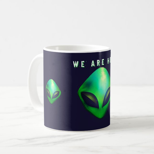 "We Are Here" Green Alien head Kaffeetasse (Vorderseite Links)