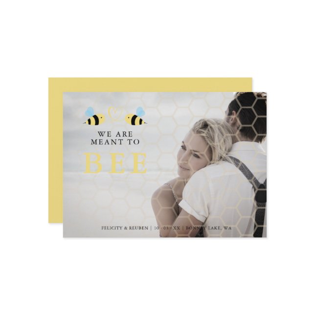 We Are meant To Bee Quote Funny Two Bees Wedding Save The Date (Vorderseite/Rückseite Beispiel)