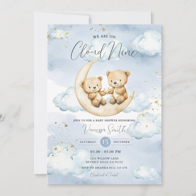 We Are On Cloud Nine Blue Bear Baby Shower  Einladung (Vorderseite)