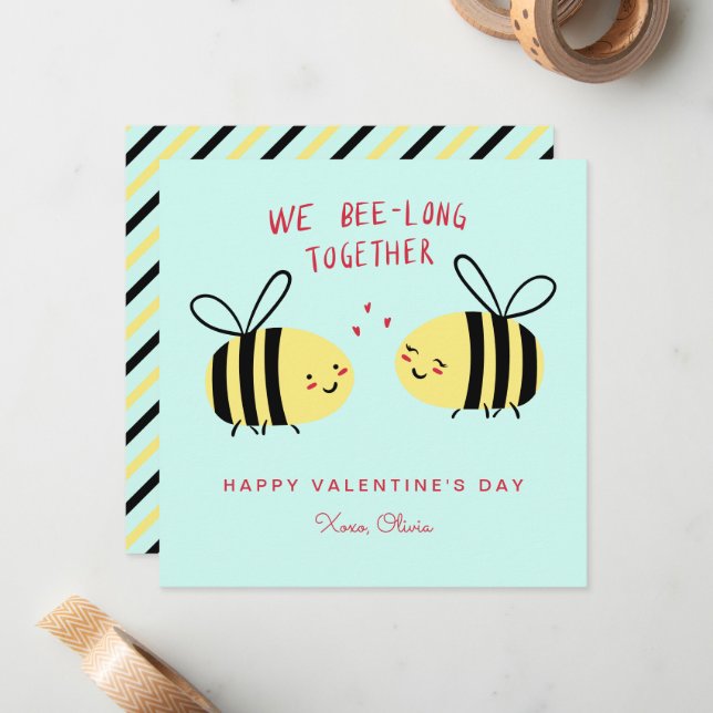 We Bee-long Together Cute Kids Valentine's Day Mitteilungskarte (Vorderseite/Rückseite Beispiel)