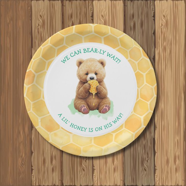 We Can Bear-ly Wait! Bear and Honey Baby Shower Pappteller (Von Creator hochgeladen)