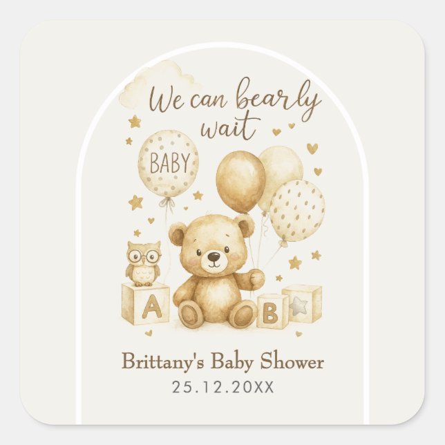 We Can Bearly Wait Baby Shower  Quadratischer Aufkleber (Vorderseite)