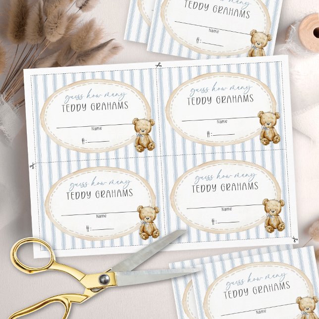 We Can Bearly Wait Baby Shower Teddy Grahams Card Einladung (Cute watercolor bear DIY cut your own Teddy Grahams baby boy shower guessing game cards digital)