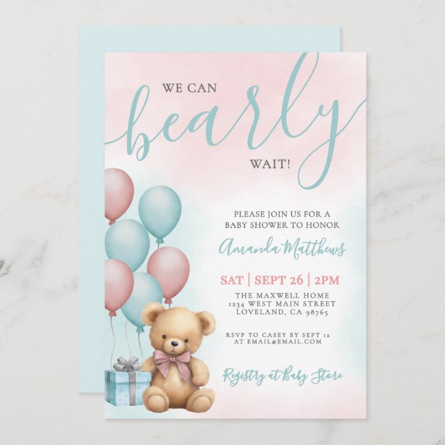 We Can Bearly Wait Bear Baby Shower Einladung (Vorne/Hinten)