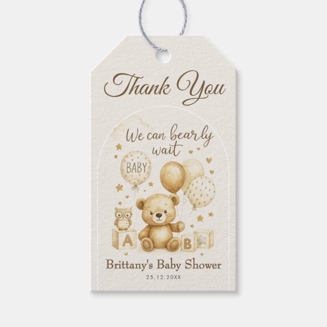 We Can Bearly Wait Bear Baby Shower Geschenkanhänger (Vorderseite)