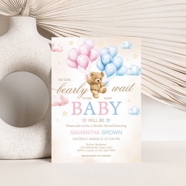 We Can Bearly Wait Bear Gender Reveal  Einladung (Bear Balloon He or She Gender Reveal Invitation)