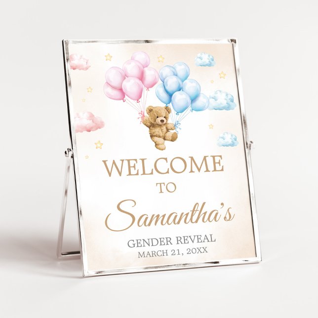 We Can Bearly Wait Bear Gender Reveal Welcome Sign Poster (Bear Balloon He or She Gender Reveal Welcome Sign)