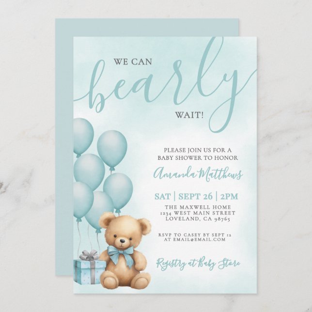 We Can Bearly Wait Blue Bear Baby Shower Einladung (Vorne/Hinten)