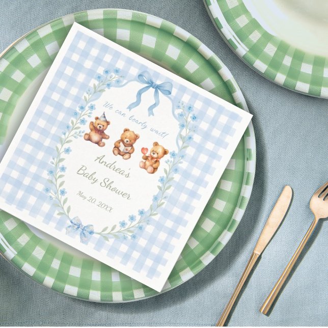 We Can Bearly Wait Blue Gingham Baby Shower  Serviette (Von Creator hochgeladen)