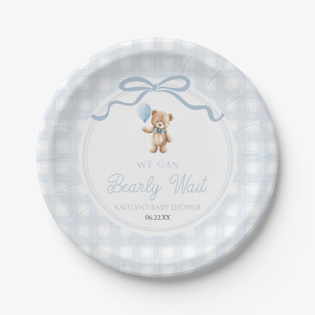 We Can Bearly Wait Blue Teddy Bear Baby Shower Pappteller (Vorderseite)