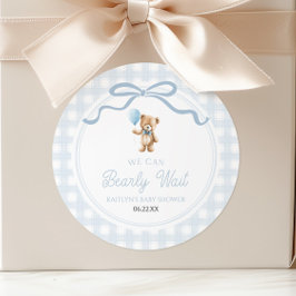We Can Bearly Wait Blue Teddy Bear Baby Shower Runder Aufkleber