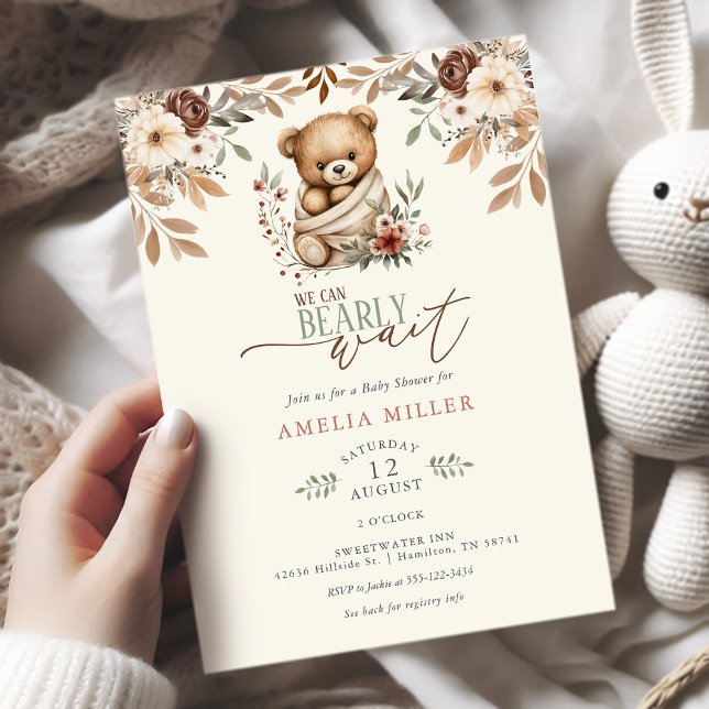 We Can Bearly Wait Boho Floral Baby Shower Einladung (We Can Bearly Wait Boho Teddy Bear Floral Baby Shower Invitation)
