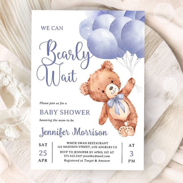 We Can Bearly Wait Boy Blue Teddy Bear Baby Shower Einladung (Von Creator hochgeladen)