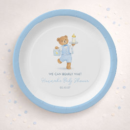 We Can Bearly Wait Cute Blue Boy Teddy Baby Shower Pappteller