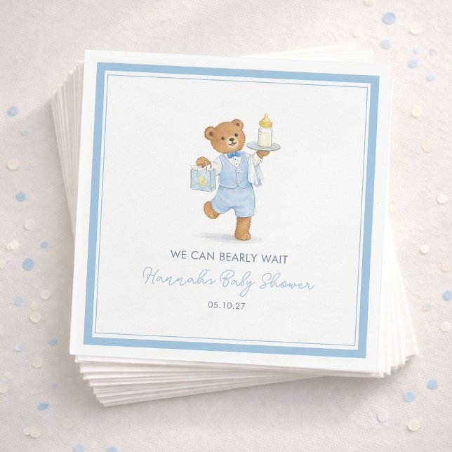 We Can Bearly Wait Cute Blue Boy Teddy Baby Shower Serviette (Von Creator hochgeladen)