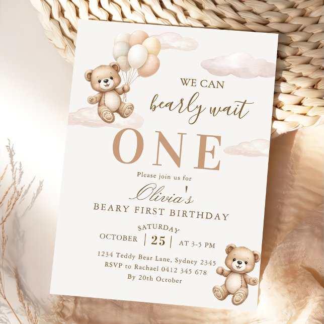 We Can Bearly Wait Elegant Teddy Birthday Einladung (Von Creator hochgeladen)