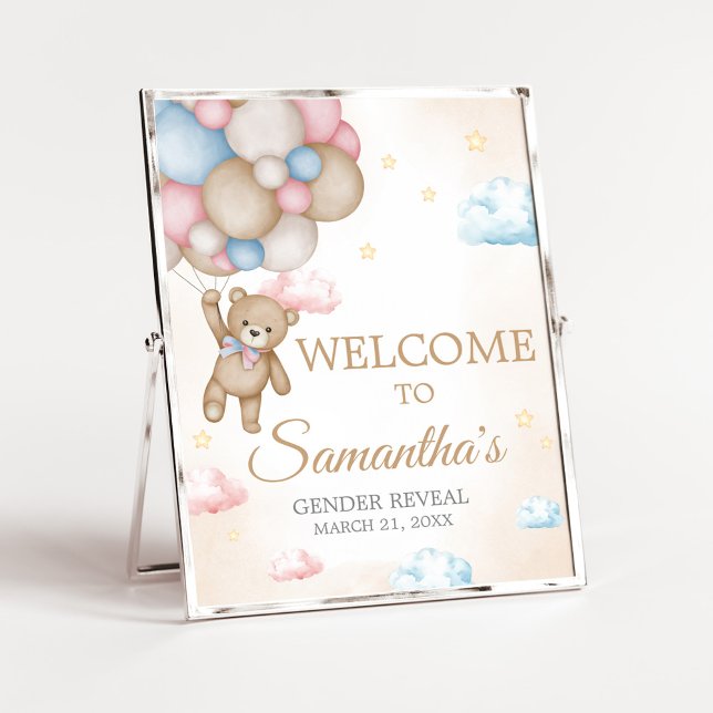 We Can Bearly Wait Gender Reveal Welcome Sign Poster (Bear Balloon He or She Gender Reveal Welcome Sign)