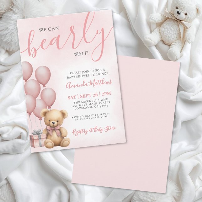 We Can Bearly Wait Girl Pink Bear Baby Shower Einladung (We Can Bearly Wait Girl Pink Bear Baby Shower Invitation )