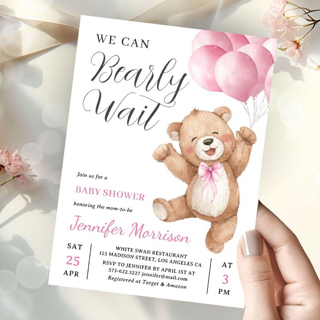 We Can Bearly Wait Girl Teddy Bear Baby Shower Einladung (Von Creator hochgeladen)