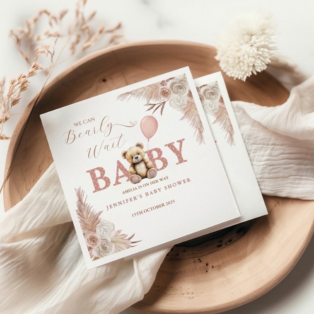 We Can Bearly Wait Girl Teddy Bear Pink Boho Serviette (Von Creator hochgeladen)