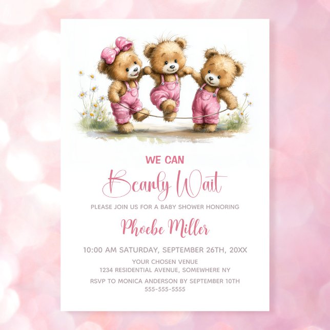 We Can Bearly Wait Girl Teddy Bears Baby Shower Einladung (Von Creator hochgeladen)