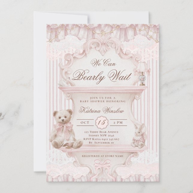 We Can Bearly Wait Nursery Girl Baby Shower Einladung (Vorderseite)