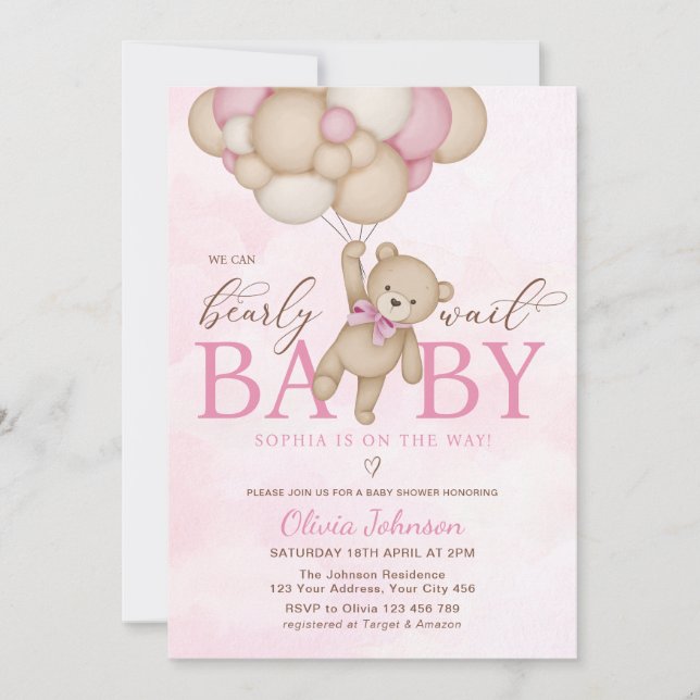 We Can Bearly Wait Pink Baby Shower Einladung (Vorderseite)