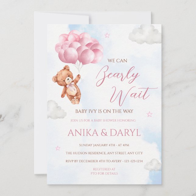 We Can Bearly Wait Pink Baby Shower Invitation Einladung (Vorderseite)