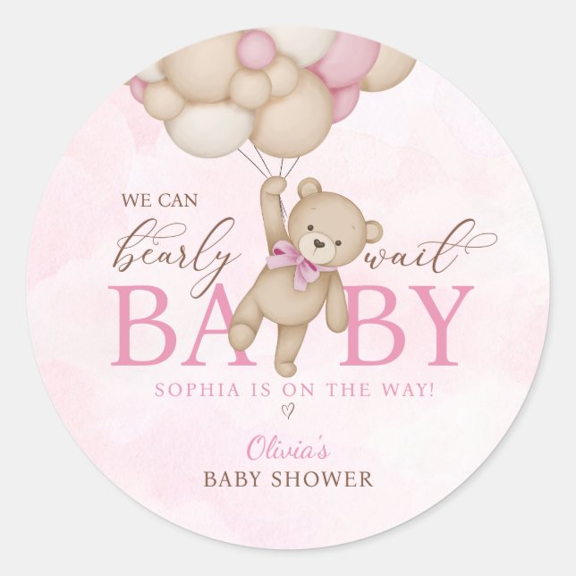We Can Bearly Wait Pink Baby Shower Runder Aufkleber (Vorderseite)