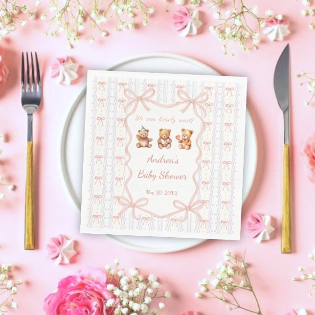 We Can Bearly Wait Pink Lace Ribbon Baby Shower  Serviette (Von Creator hochgeladen)