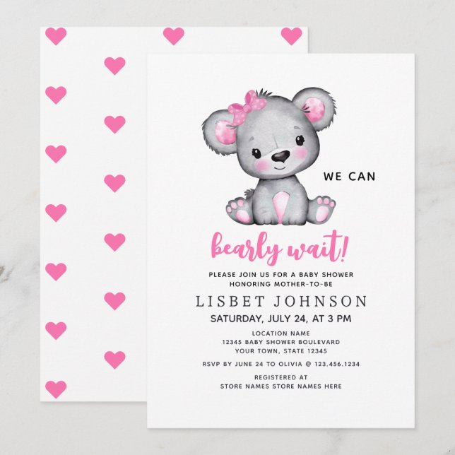 We Can Bearly Wait Pink Teddy Bear Baby Shower Einladung (Vorne/Hinten)