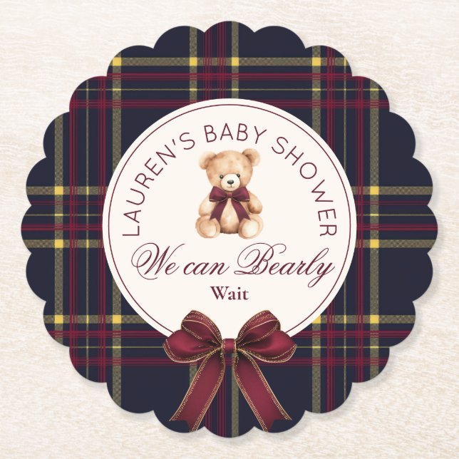 We can bearly wait Plaid teddy bear Baby Shower Untersetzer (Vorderseite)