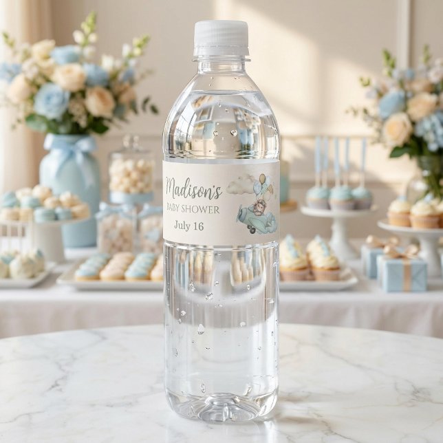 We Can Bearly Wait Teddy Bear Airplane Blue Boy Wasserflaschenetikett (Von Creator hochgeladen)