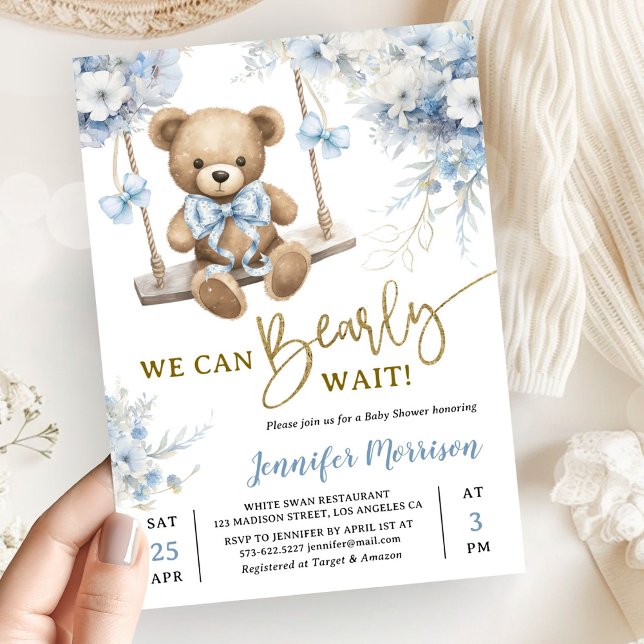 We Can Bearly Wait Teddy Bear Baby Shower Boy Blue Einladung (Von Creator hochgeladen)