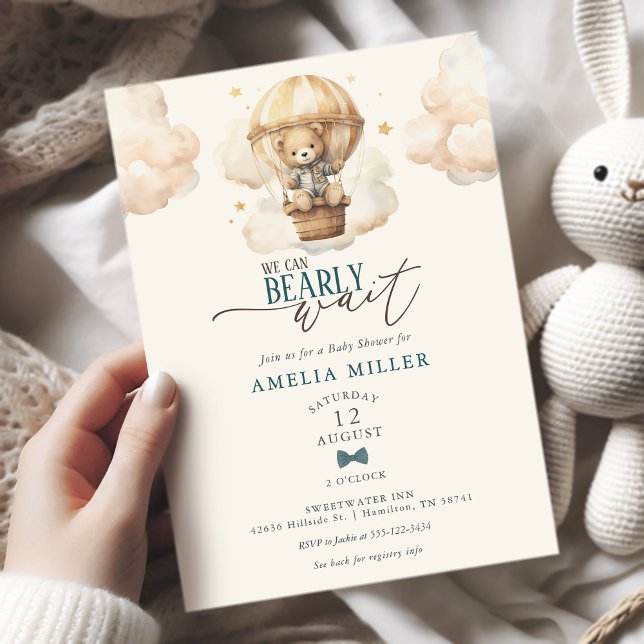 We Can Bearly Wait Teddy Bear Balloon Baby Shower Einladung (We Can Bearly Wait Teddy Bear Hot Air Balloon Baby Boy Shower Invitation)