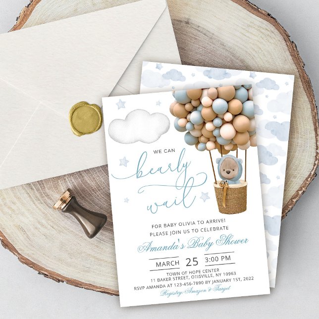 We Can Bearly Wait Teddy Bear Balloon Baby Shower Einladung (Von Creator hochgeladen)